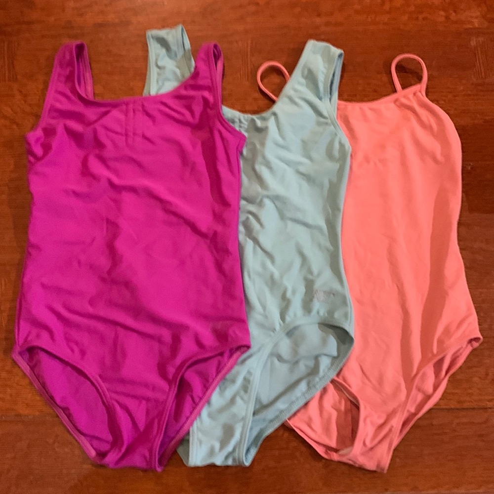 Set of 3 leotards: purple, pink and blue